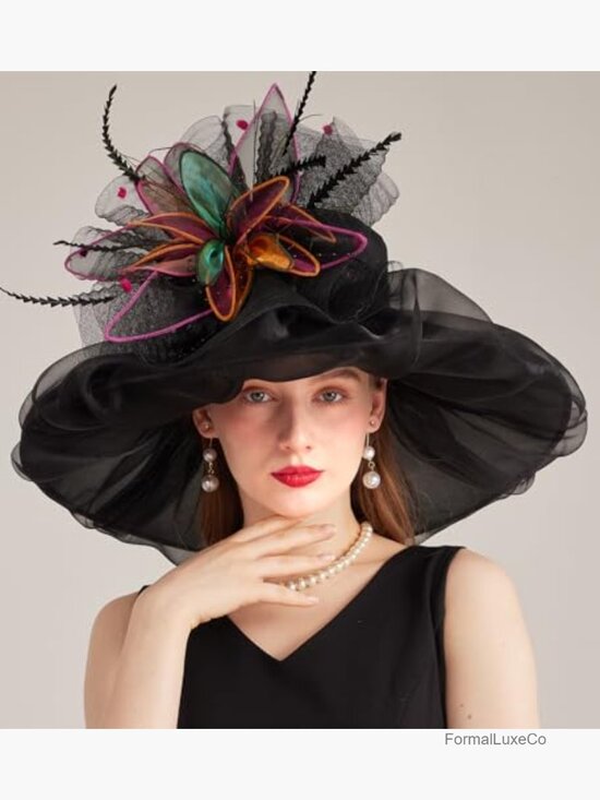 Organza Wide Brim Derby Hat with Floral Fascinator Adjustable Headband main image 4